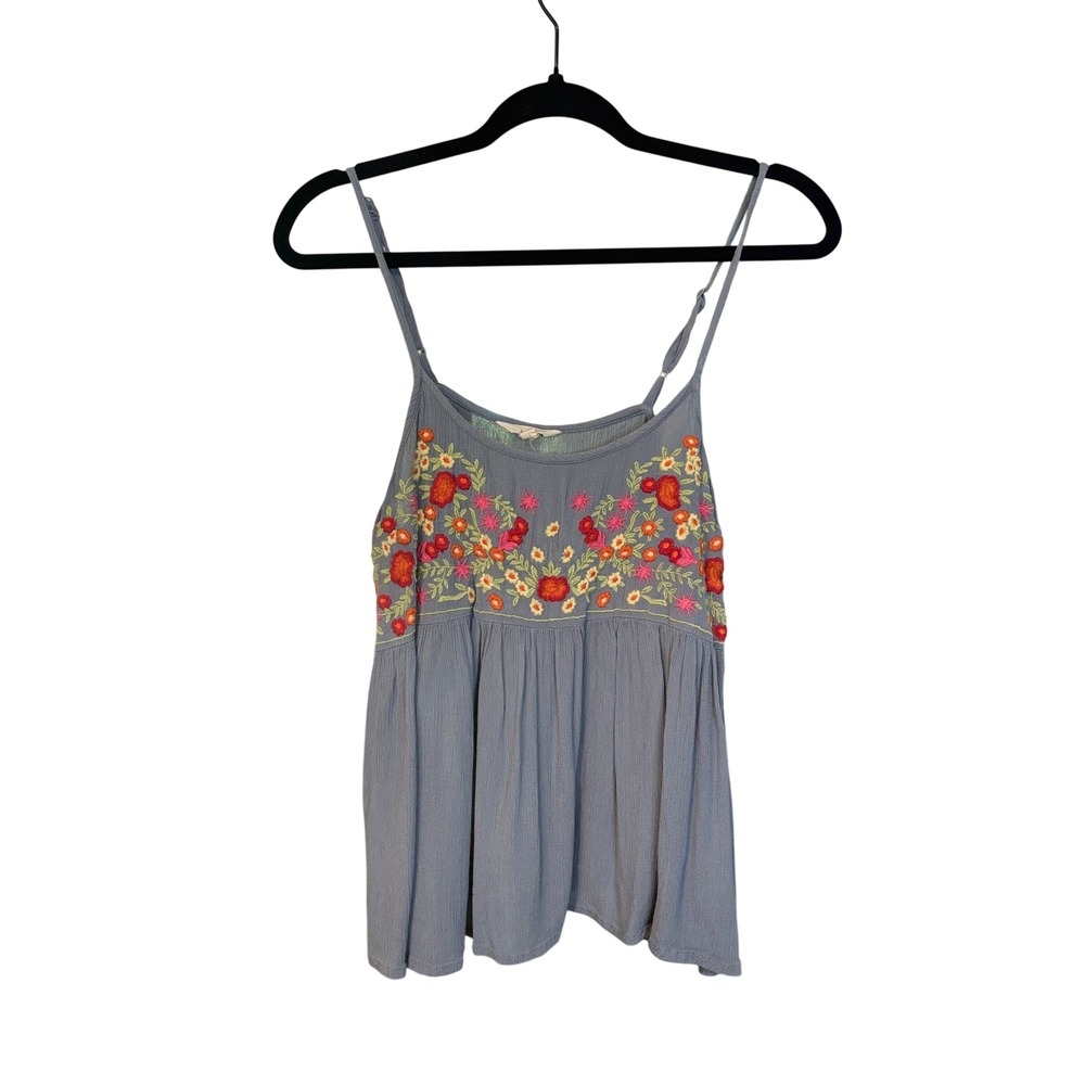 Sim & Sam Blue Floral Embroidered Babydoll Cami Tank Top Medium Boho Festival